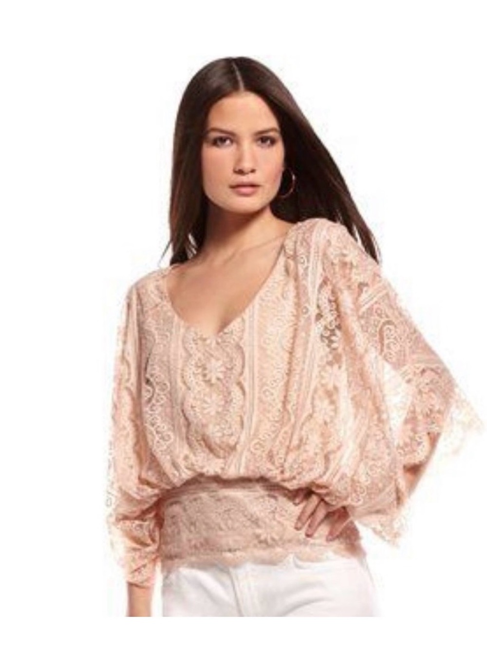 Anthropologie Beyond Vintage Blush Lace Batwing Top